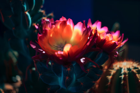 Beautiful blooming cactus in dark room. Close up.の素材