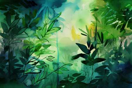 Watercolor background with bamboo and plants. Hand-drawn illustration.の素材