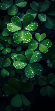 Green clover leaves with water drops. Natural background with copy space.の素材