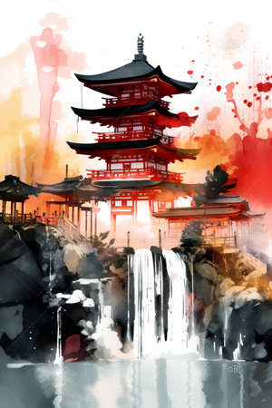 Watercolor painting of traditional japanese architecture in Shanghai, Chinaの素材