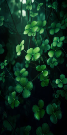 St. Patrick's Day background with green clover leaves on dark backgroundの素材