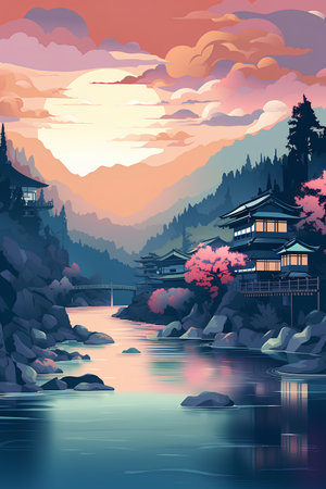 Beautiful chinese temple and river landscape at sunset. Vector illustrationの素材