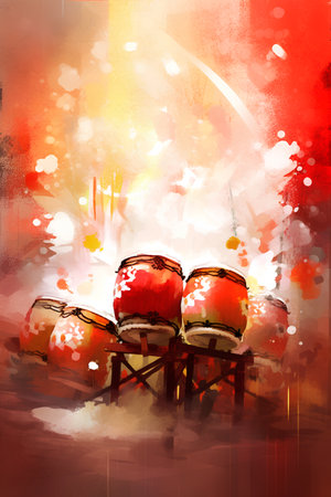 abstract watercolor painting of drums on grunge background with splashesの素材