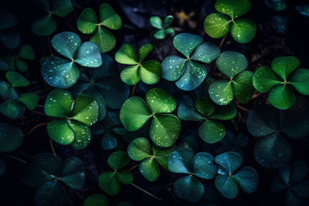 Green clover leaves with water drops. Shallow depth of field.の素材