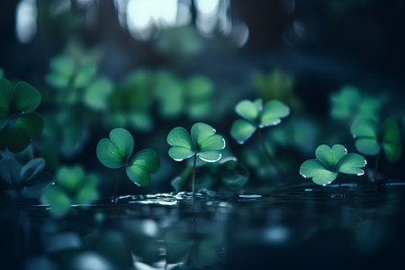 green clover leaves with water drops in a dark forest with reflectionの素材