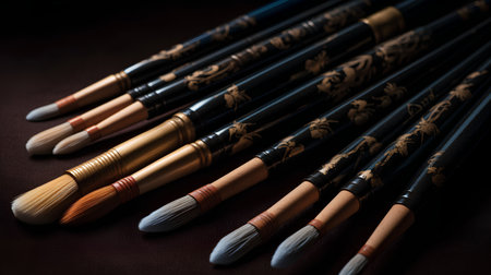 Set of professional makeup brushes in black and brown colors on dark backgroundの素材