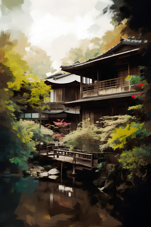 Beautiful japanese garden with traditional architecture. Digital painting.の素材