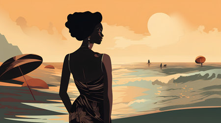 Beautiful African American woman on the beach at sunset. Vector illustrationの素材