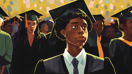 Diverse group of students in graduation gowns and caps. Vector illustration.の素材