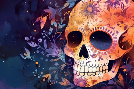 Grunge background with skull and floral ornament. Illustration.の素材