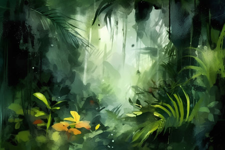 Tropical rainforest background. Watercolor painting on canvas.の素材