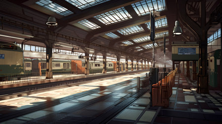 Interior of an old train station in the evening. 3d renderの素材