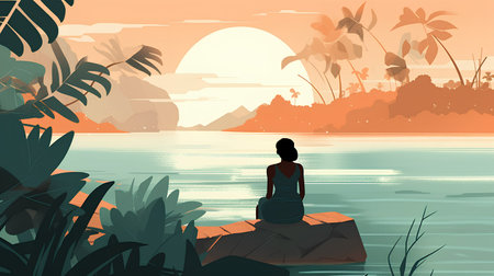 Silhouette of woman meditating on the beach at sunset. Vector illustration.の素材