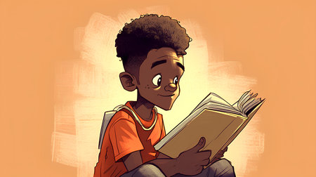 Cute african american boy reading a book on an orange backgroundの素材