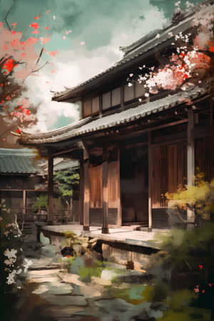 Traditional Japanese architecture in Kyoto, Japan. Watercolor painting on canvas.の素材