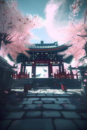 3D render of a Japanese temple with cherry blossom in springの素材