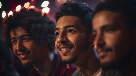 Group of friends looking at the camera and smiling in a nightclub.の素材