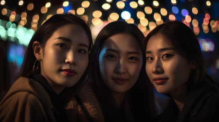 Portrait of three beautiful young asian women standing together at nightの素材