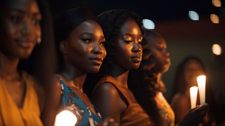 Group of beautiful african american women with candles in the darkの素材