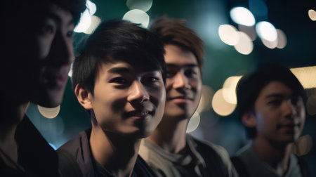 Group of young asian men standing in the city at night.の素材
