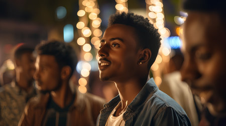 Young african american man in street at night, looking awayの素材