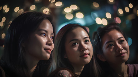 Group of asian women looking at the camera with bokeh backgroundの素材