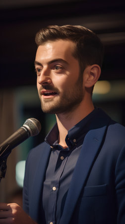 Portrait of a handsome young man speaking into a microphone on stageの素材