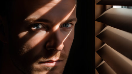 Close-up portrait of a young man looking through the blindsの素材