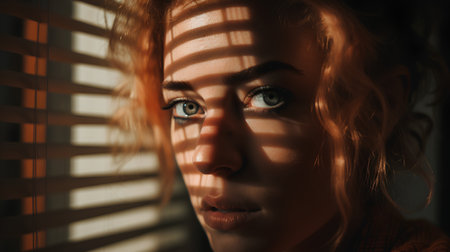Portrait of a beautiful young woman with blinds on her eyesの素材