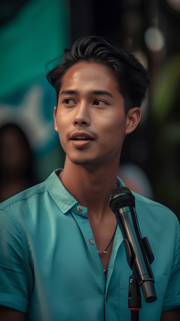 Portrait of a young asian man singing in a microphone.の素材