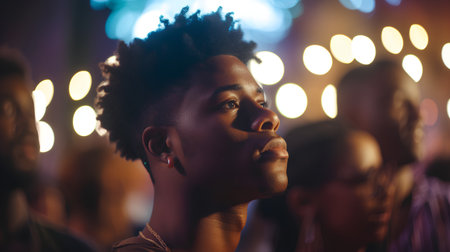 Portrait of a young african american man in front of a concert stageの素材