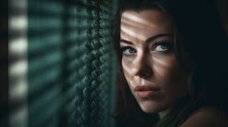 Portrait of a beautiful woman looking through the window blinds.の素材