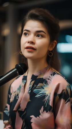 Portrait of a beautiful young woman with a microphone in her handの素材
