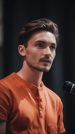 selective focus of handsome young man in orange shirt holding microphone and looking at cameraの素材