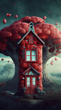 Haunted house in the forest with red balloons. Halloween concept. 3D Renderの素材