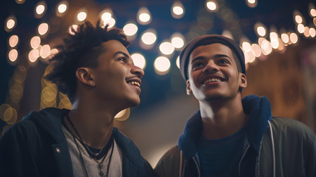 Portrait of two young men laughing and looking at each other.の素材