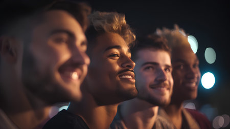 Portrait of a group of young people smiling in the night clubの素材