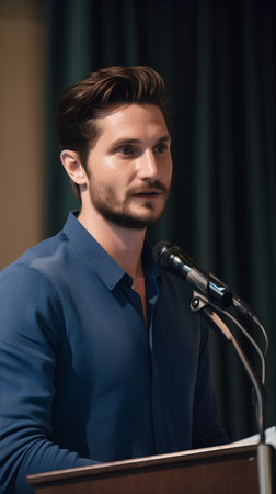 Portrait of a handsome young man speaking into a microphone at a conferenceの素材