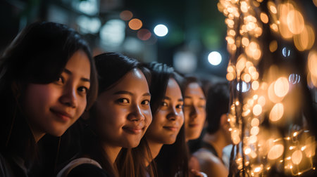 Group of Asian women walking in the city at night with bokeh lightの素材