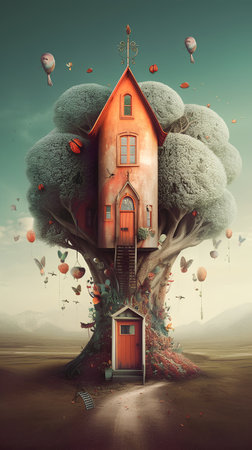 House with a tree and hot air balloons. 3d render.の素材