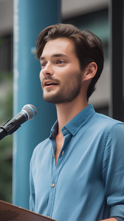 portrait of handsome young man in blue shirt holding microphone and looking awayの素材