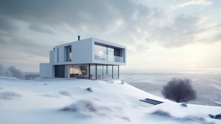 3d rendering of modern cozy house with pool and parking for sale or rent in luxurious style and beautiful landscaping on background. Clear sunny winter day with blue sky.の素材