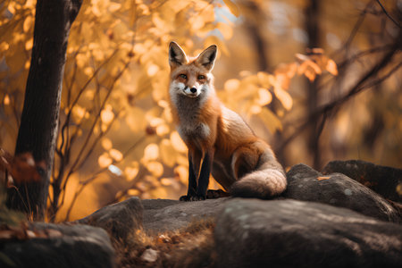 Red fox (Vulpes vulpes) sitting on a rock in autumn forestの素材