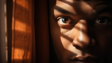 Close-up portrait of a young man looking through the window.の素材