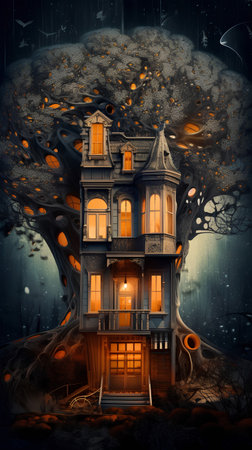 Halloween background with haunted house and spooky tree, 3d illustrationの素材