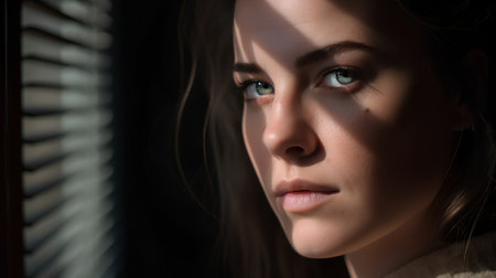 Portrait of a beautiful young woman looking through the blinds.の素材