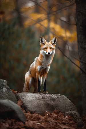 Red Fox (Vulpes vulpes) standing on a rockの素材