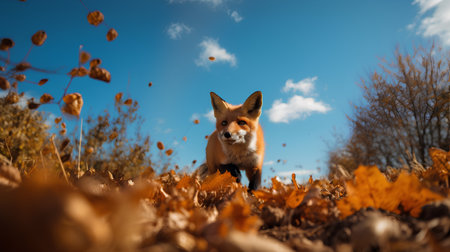 Red fox in the autumn leaves on a background of blue sky.の素材