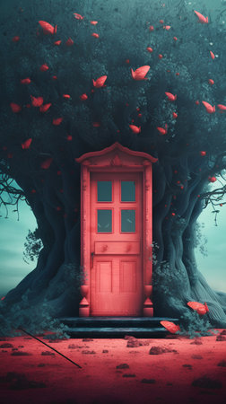 red door in the forest with trees and butterflies. 3d renderの素材