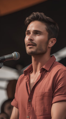 Portrait of a handsome young man in a red shirt speaking into a microphone.の素材
